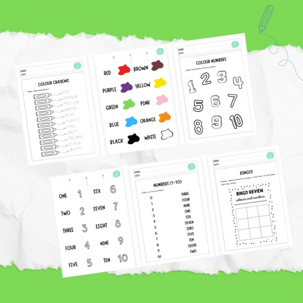 Colours and numbers. Worksheets and memory cards.
