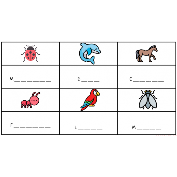 ACTIVITAT ESCRIPTURA DE PARAULES. ESCRIU EL NOM DE L'ANIMAL. DOS NIVELLS.