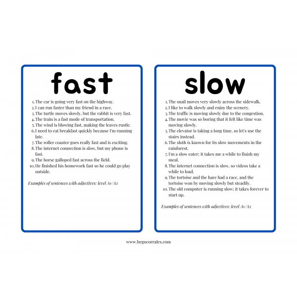 Opposite adjectives flashcards and sentences