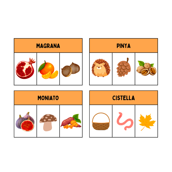 LA TARDOR: ACTIVITAT LECTURA DE PARAULES. TRIA LA IMATGE CORRECTA. 24 TARGETES.