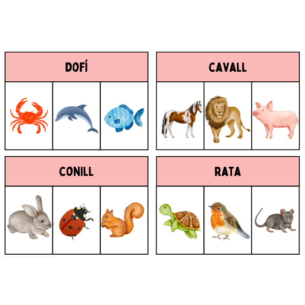 MATERIAL MANIPULATIU ANIMALS: ACTIVITAT LECTURA DE PARAULES. TRIA LA IMATGE CORRECTA. 24 TARGETES.