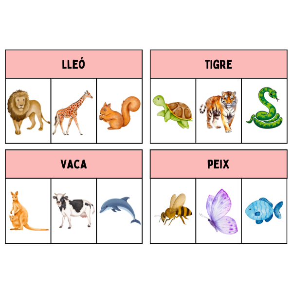 MATERIAL MANIPULATIU ANIMALS: ACTIVITAT LECTURA DE PARAULES. TRIA LA IMATGE CORRECTA. 24 TARGETES.