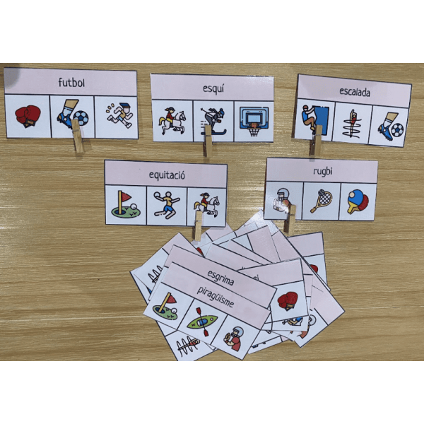 LECTURA DE PARAULES. TRIA LA IMATGE CORRECTA. MATERIAL MANIPULATIU ESPORTS. Lletra majúscula i lletra minúscula.