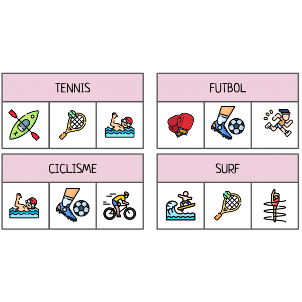 LECTURA DE PARAULES. TRIA LA IMATGE CORRECTA. MATERIAL MANIPULATIU ESPORTS. Lletra majúscula i lletra minúscula.