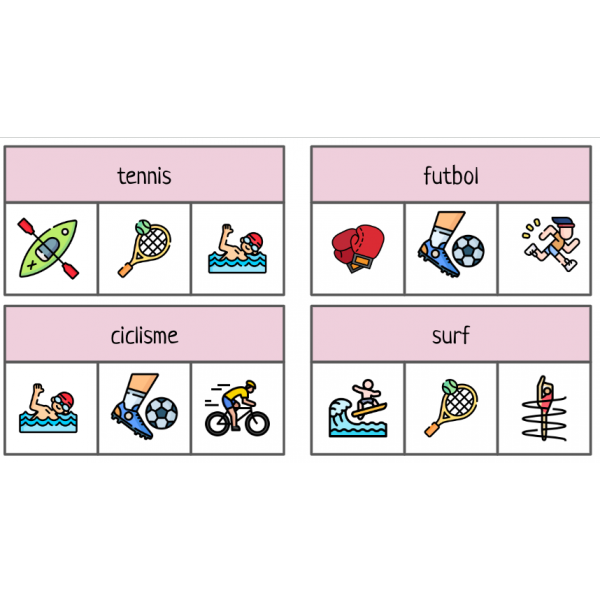 LECTURA DE PARAULES. TRIA LA IMATGE CORRECTA. MATERIAL MANIPULATIU ESPORTS. Lletra majúscula i lletra minúscula.