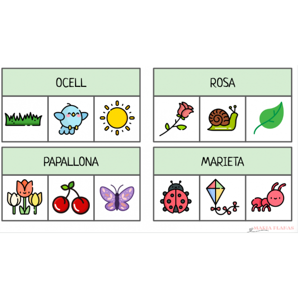 LECTURA DE PARAULES. TRIA LA IMATGE CORRECTA. VOCABULARI PRIMAVERA. ACTIVITAT MANIPULATIVA.