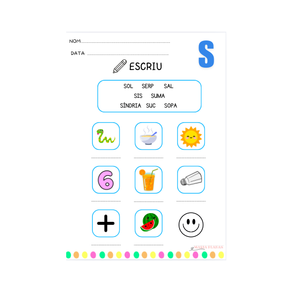 DOSSIER 60 FITXES. LECTURA I ESCRIPTURA DE PARAULES. 5 FITXES PER CADA LLETRA.