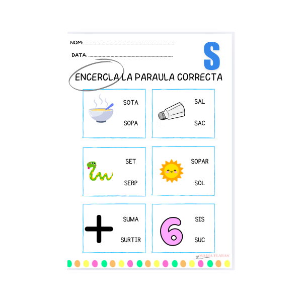 DOSSIER 60 FITXES. LECTURA I ESCRIPTURA DE PARAULES. 5 FITXES PER CADA LLETRA.