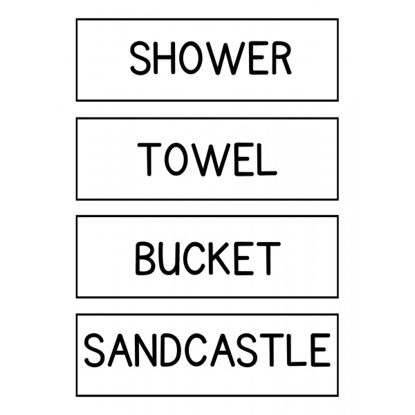 Vocabulary words: restaurant-clothes-house-beach