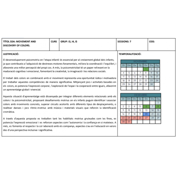 SITUACIÓ D'APRENENTATGE PSICOMOTRICITAT EL MOVIMENT I ELS COLORS/ SITUACIÓN DE APRENDIZAJE PSICOMOTRICIDAD EL MOVIMIENTO Y LOS COLORES