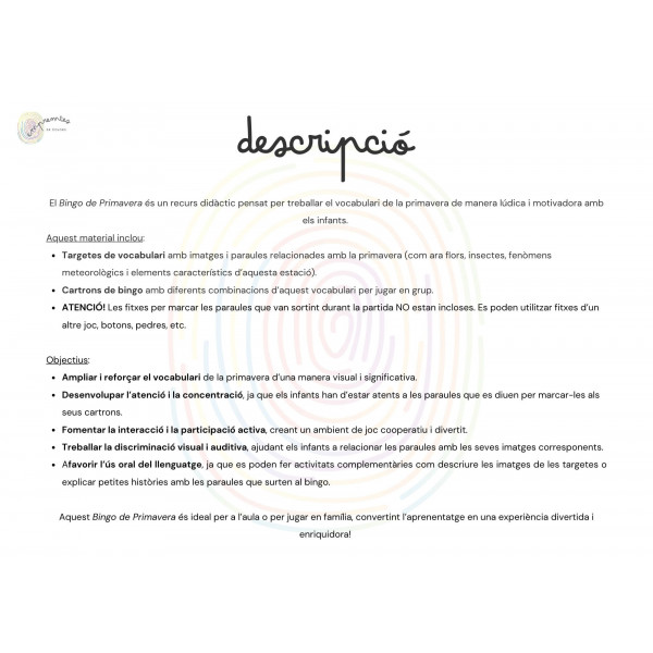 BINGO DE PRIMAVERA: amb targetes de vocabulari amb lletra de pal i lligada.