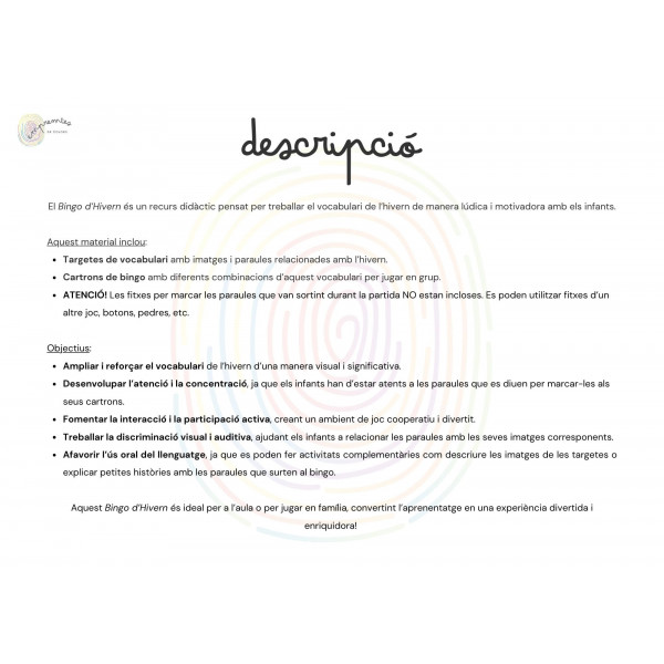 BINGO D'HIVERN: amb targetes de vocabulari amb lletra de pal i lligada