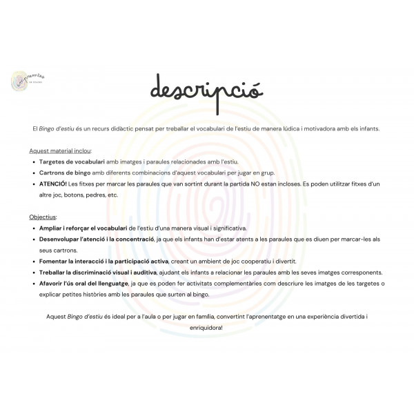 BINGO D'ESTIU amb targetes de vocabulari - lletra de pal i lligada