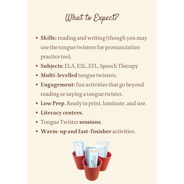 FREE SAMPLE Tongue Twisters Activities: Pronunciation, Reading & Writing Centers
