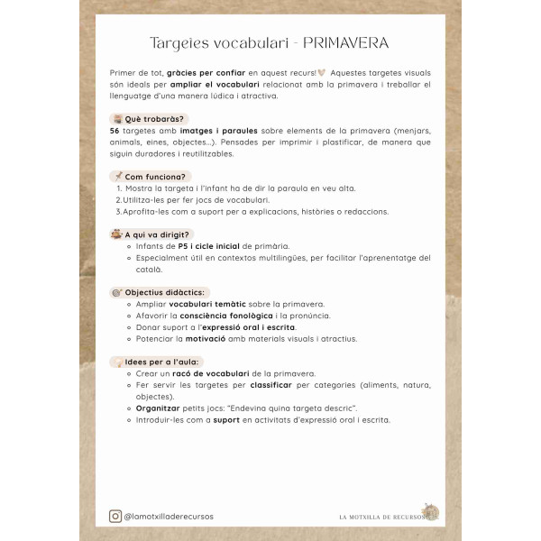 PRIMAVERA - MOSTRA. Targetes vocabulari