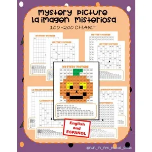 Actividad matemática de Halloween: Imagen misteriosa- Orden numérico del 100 al 200 (versión en inglés y castellano)