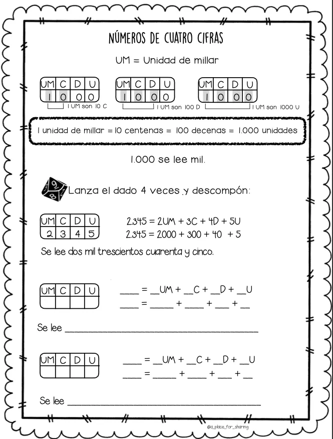 Ficha números de 4 cifras