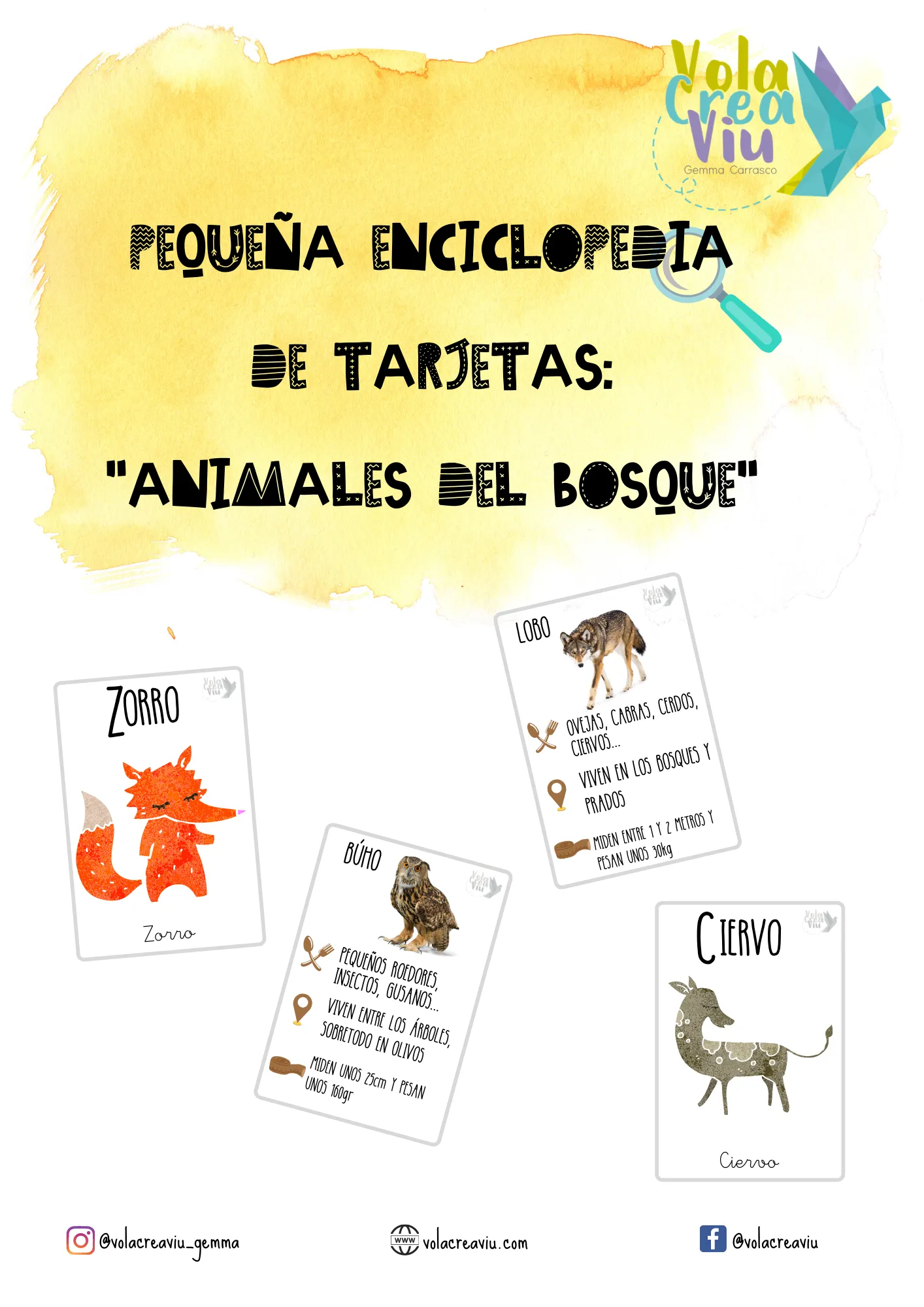 Pequeña enciclopedia con tarjetas de animales del bosque