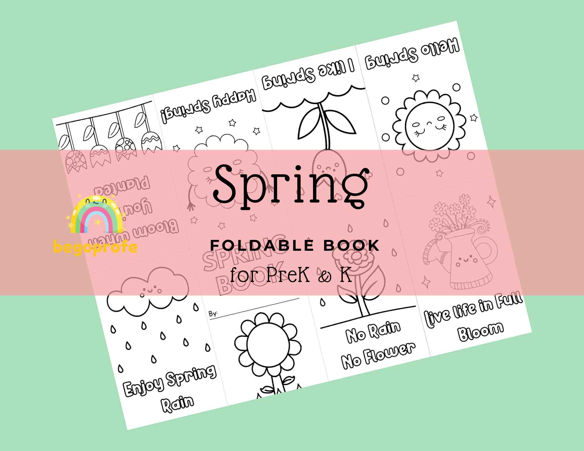 Spring emergent reader foldable mini book, coloring page, spring vocabulary