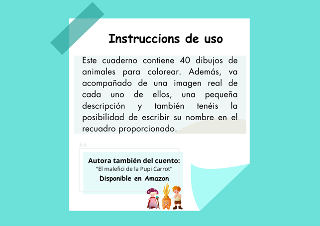 cuaderno para colorear 40 dibujos de animales de todo el mundo. Fichas didácticas. Recuadro para escribir el nombre de cada animal.