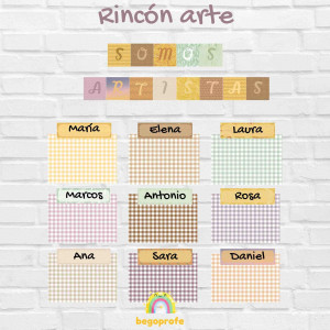 Rincón de arte | Decoración boho para el aula | Etiquetas con los nombres de los alumnos