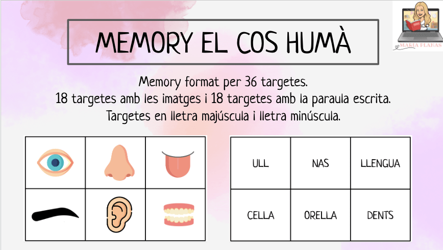 MEMORY LES PARTS DEL COS HUMÀ. 36 Targetes. Lletra majúscula i lletra minúscula.