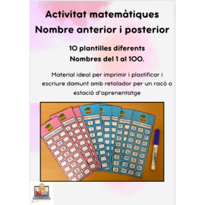 Activitat matemàtiques: Nombre anterior i posterior. Numeració del 1 al 100. 10 plantilles.