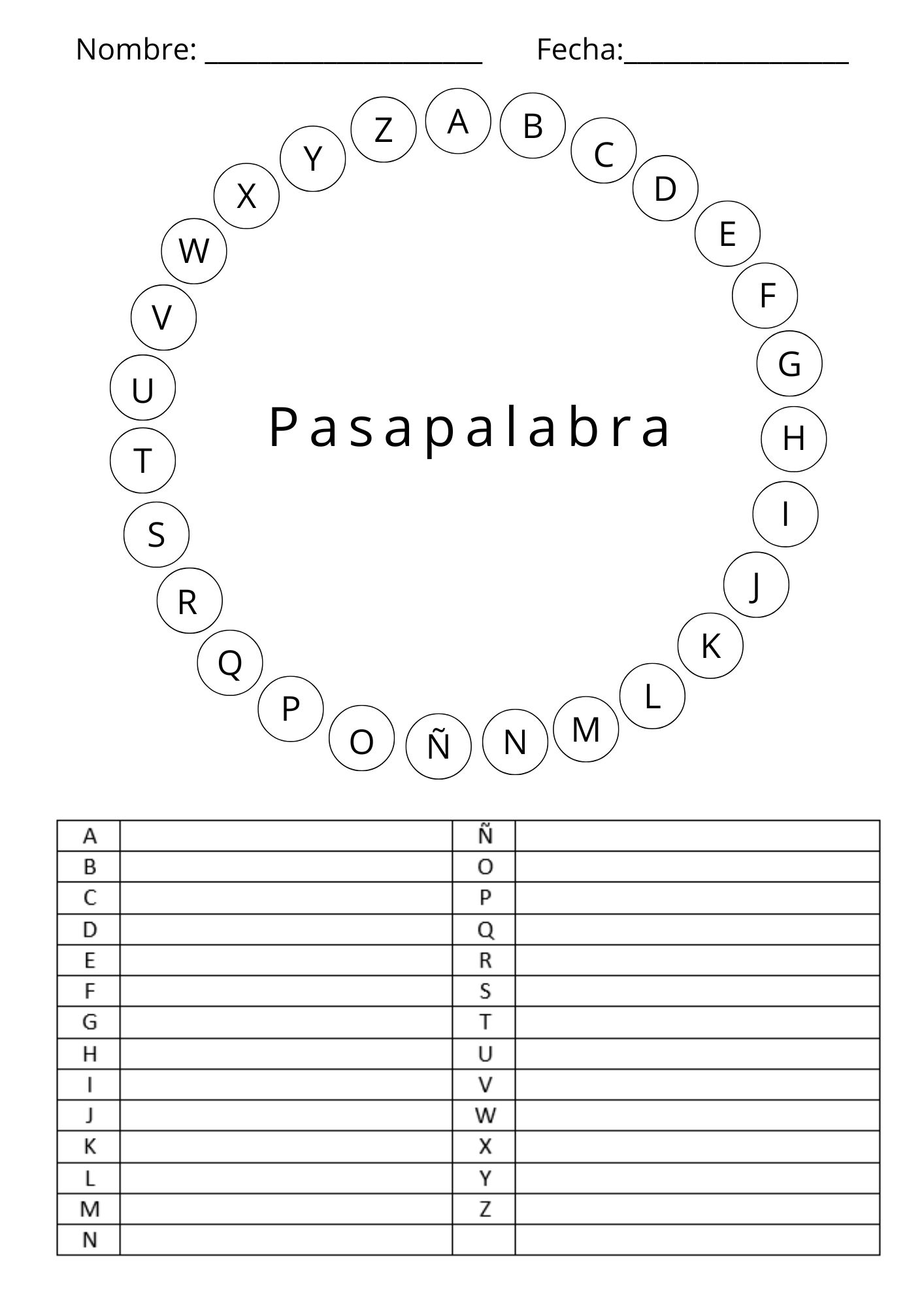 Plantilla para soluciones pasapalabra.