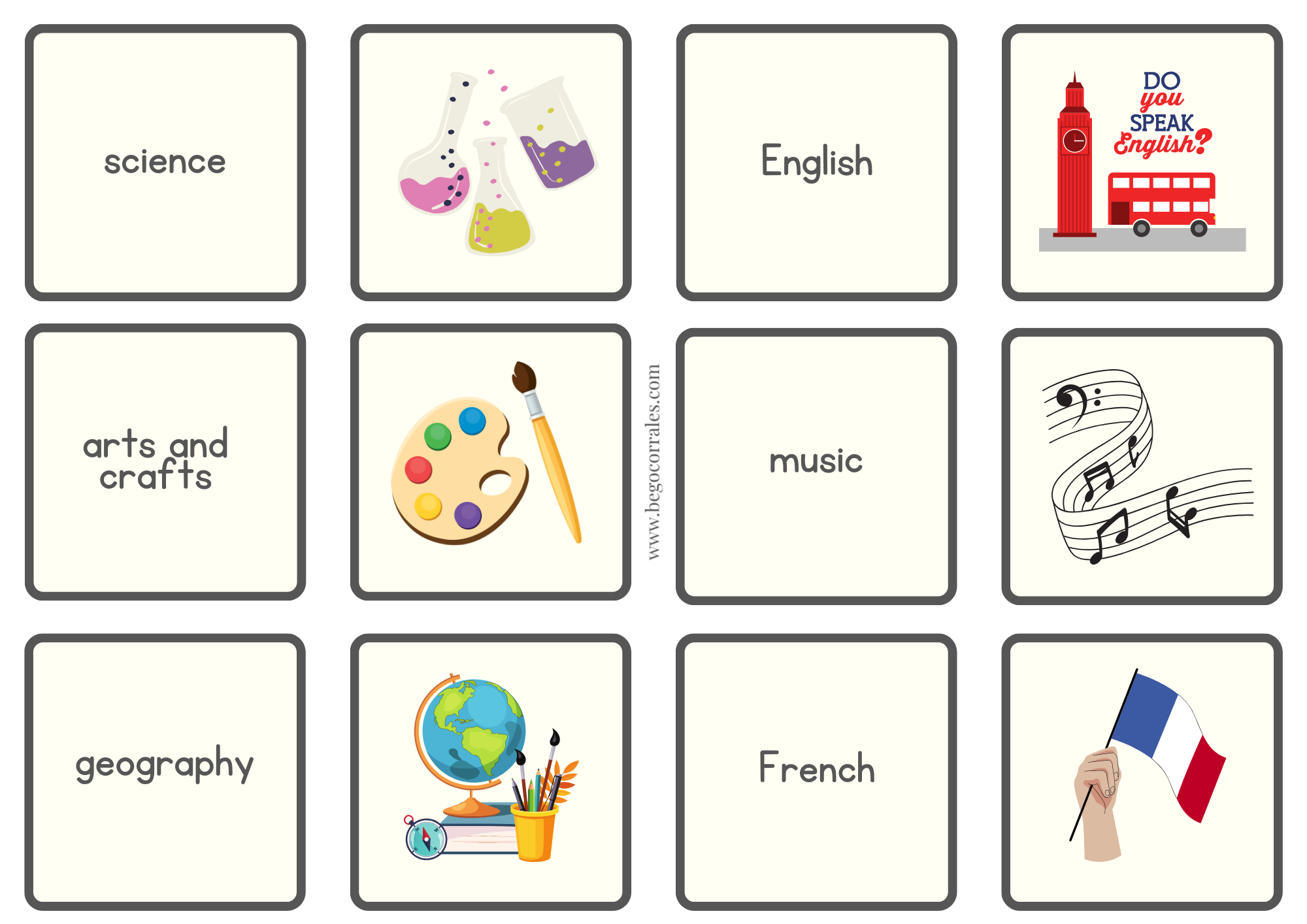 School subjects memory game