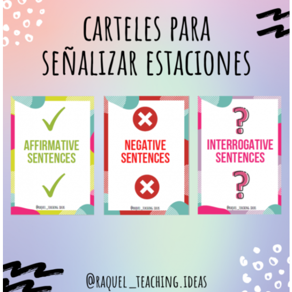 Posters to signal learning stations: affirmative, negative and interrogative sentences.