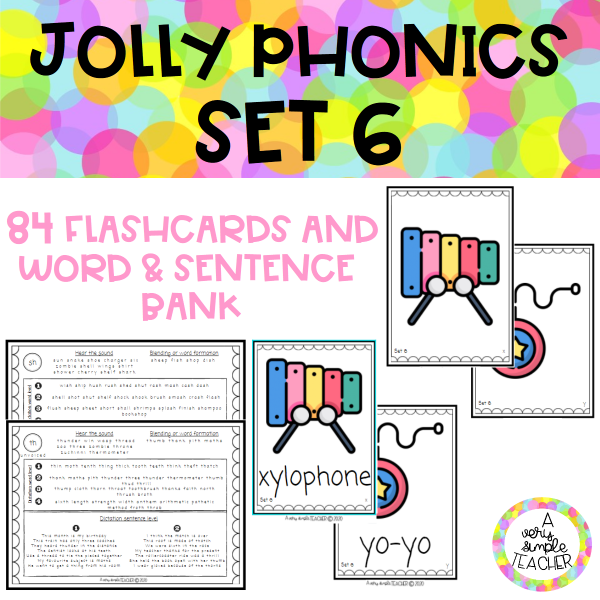 JOLLY PHONICS SET 6 Flashcards and word-sentence bank