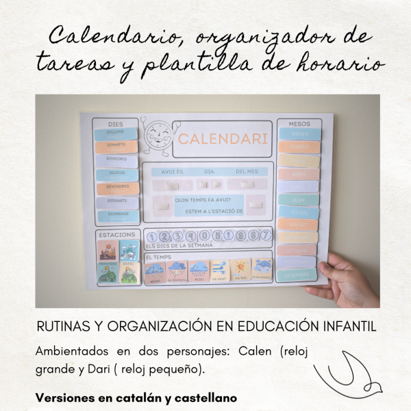 Calendario de aula, planificador de tareas individual y plantilla de horario colectivo. Versiones en catalán y castellano