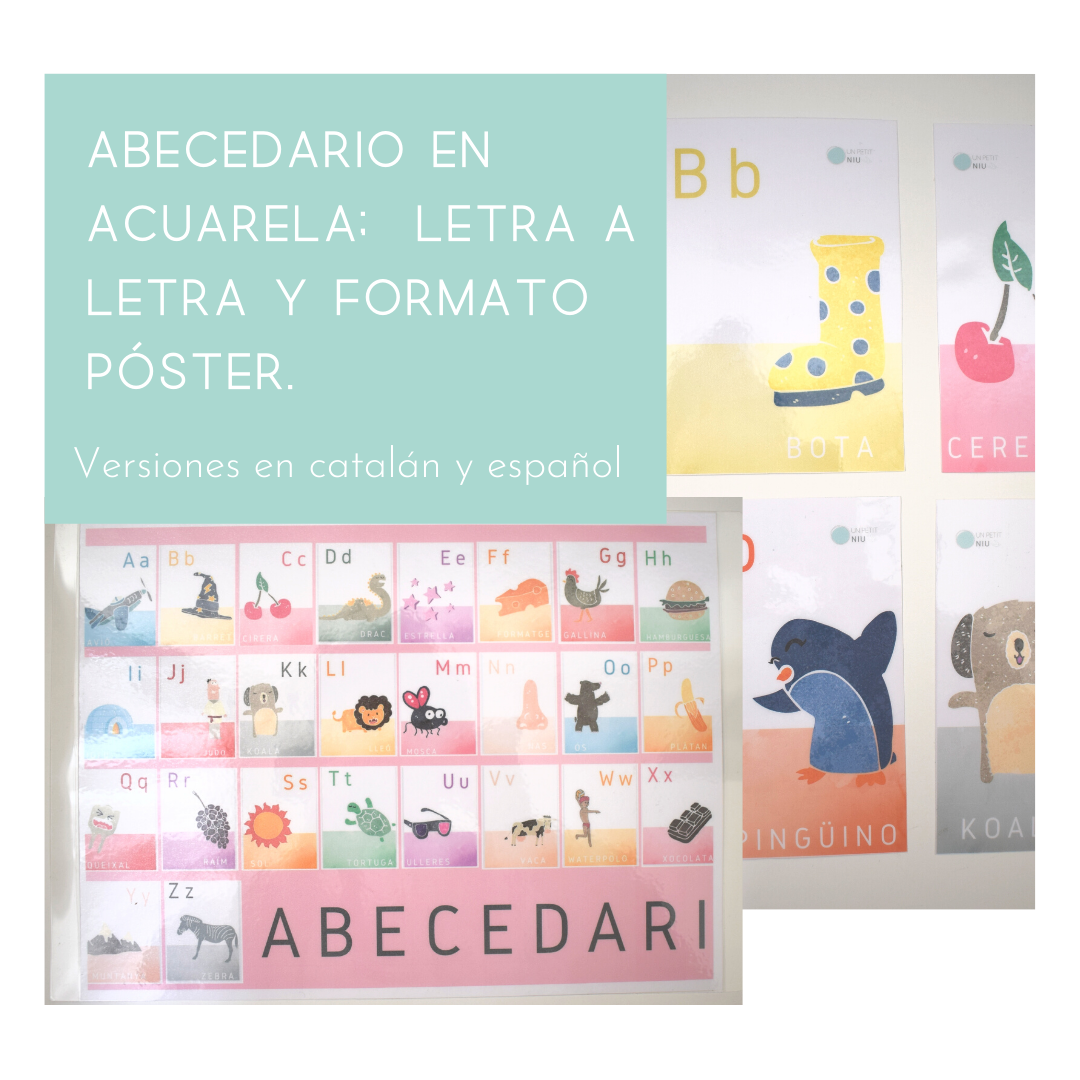 Abecedario en acuarela; letra a letra y formato póster. Versiones tanto en catalán como en español