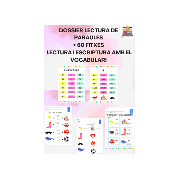 DOSSIER LECTURA DE PARAULES + 60 FITXES AMB EL VOCABULARI. (LECTURA I ESCRIPTURA DE PARAULES). VOCABULARI LLENGUA CATALANA. CATALÀ. LLETRA MAJÚSCULA.