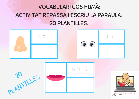 EL COS HUMÀ ACTIVITAT VOCABULARI. LECTURA I ESCRIPTURA. REPASSA I ESCRIU LA PARAULA. 20 PLANTILLES. LLETRA DE PAL.